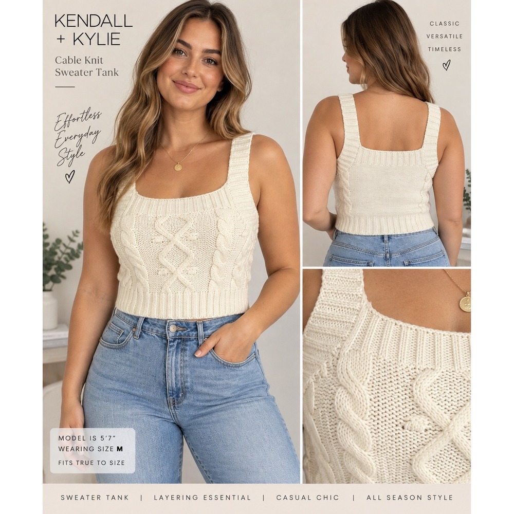 Kendall + Kylie Sweater Tank Women Medium Cream Excellent Cable Knit Crop Top